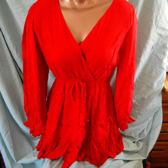 Newbury Kustom Dresses & Skirts - Newbury Kustom Red Short Flowy Long Sleeve Dress